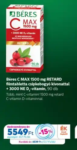 Gyöngy Patikák Béres C MAX 1500 mg Retard filmtabletta csipkebogyó kivonattal + 3000 NE D₂-vitamin ajánlat