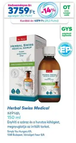 Gyöngy Patikák Herbal Swiss Medical szirup ajánlat