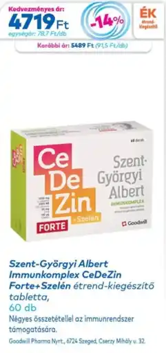 Gyöngy Patikák Szent-Györgyi Albert Immunkomplex CeDeZin Forte+Szelén ajánlat