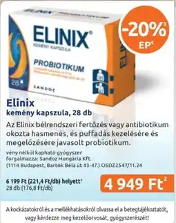 Benu Gyógyszertárak Elinix kemény kapszula ajánlat