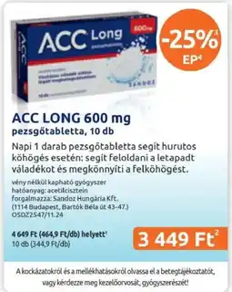 Benu Gyógyszertárak Acc long pezsgotabletta ajánlat