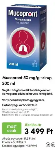 Alma Gyógyszertárak Mucopront 50 mg/g szirup ajánlat