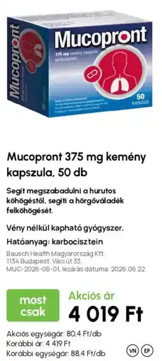 Alma Gyógyszertárak Mucopront 375 mg kemény kapszula ajánlat