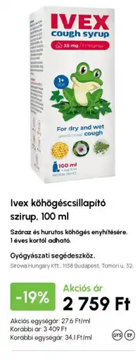 Alma Gyógyszertárak Ivex köhögéscsillapító szirup ajánlat