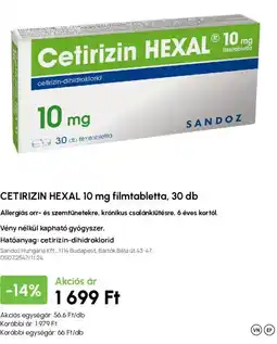 Alma Gyógyszertárak Cetirizin hexal ajánlat