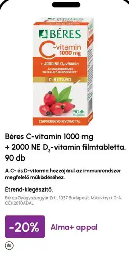 Alma Gyógyszertárak Béres c-vitamin 1000 mg ajánlat