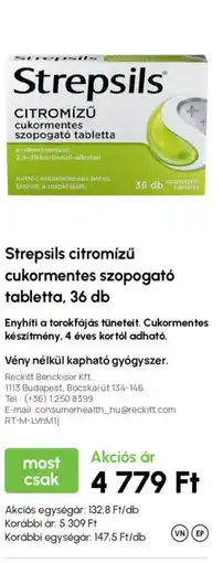 Alma Gyógyszertárak Strepsils citromízű cukormentes szopogató tabletta ajánlat
