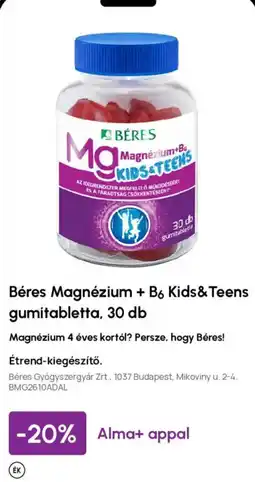 Alma Gyógyszertárak Béres magnézium + b6 kids&teens ajánlat