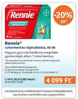 Benu Gyógyszertárak Rennie cukormentes rágótabletta, 60 db ajánlat