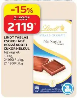 Auchan LINDT TÁBLÁS CSOKOLÁDÉ HOZZÁADOTT CUKOR NÉLKÜL ajánlat