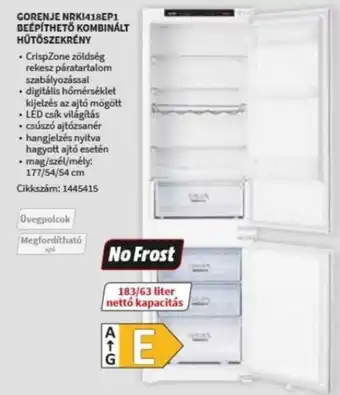 Gorenje beépíthető kombinált hűtőszekrény