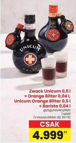 Spar Zwack Unicum 0,5 l + Orange Bitter 0,04 l, Unicum Orange Bitter 0,5 l + Barista 0,04 l ajánlat