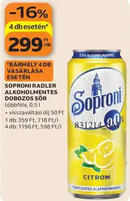 Auchan Soproni radler alkoholmentes dobozos sör ajánlat