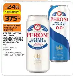 Auchan PERONI NASTRO AZZURRO ALKOHOLOS VAGY ALKOHOLMENTES DOBOZOS SÖR ajánlat