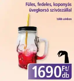 PlusMarket Füles, fedeles, koponyás üvegkorsó szívószállal ajánlat