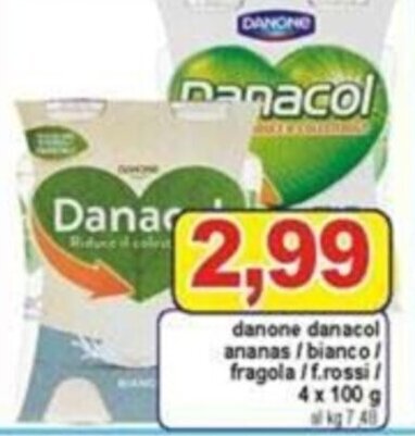 Danone danacol ananas/bianco/fragola/f.rossi/4 x 100 g offerta di Pewex