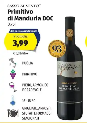 ALDI Sasso Al Vento Primitivo di Manduria DOC 0,75L offerta