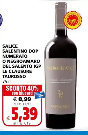 Il Gigante Salice salentino dop nmumerato o negroamaro del salento igp le clausure taurosso 75 cl offerta