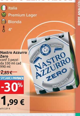 Carrefour Iper Nastro azzurro zero conf 3 pezzi da 330 ml cad 990 ml offerta