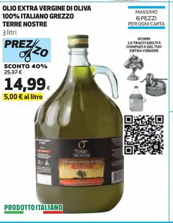 Ipercoop Olio extra vergine di oliva 100% italiano grezzo terre nostre offerta