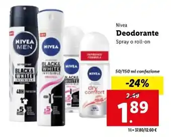Lidl Nivea Deodorante Spray o roll-on 50/150 ml offerta