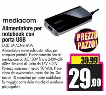 Wellcome Mediacom Alimentatore per notebook con porta USB offerta