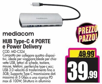 Wellcome Mediacom HUB Type-C 4 Porte e Power Delivery offerta