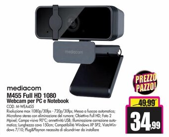 Wellcome Mediacom M455 Full HD 1080 Webcam per PC e Notebook offerta