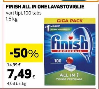 Coop Finish all in one lavastoviglie vari tipi 100tabs 1.6 kg offerta