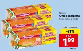 Lidl Plasmon Omogeneizzato Pollo, manzo o vitello 3x80 g offerta