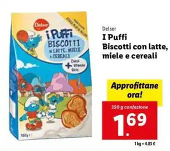 Lidl Delser I Puffi Biscotti con latte, miele e cereali 350 g offerta