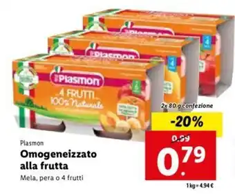 Lidl Plasmon Omogeneizzato alla frutta Mela, pera o 4 frutti 2x 80 g offerta