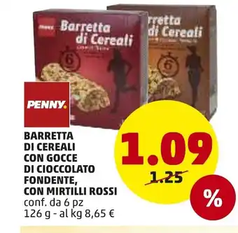 PENNY Penny Barretta di Cereali con Gocce di Cioccolato Fondente, con Mirtilli Rossi 6pz 126g offerta