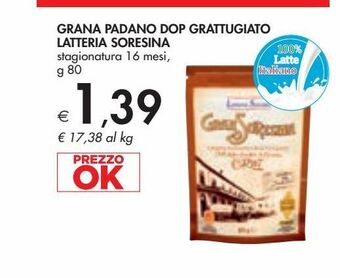 Grana padano dop grattugiato latteria soresina stagionatura 16 mesi, g 80