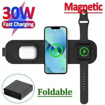 Supporto per caricabatterie wireless qi magnetico 3 in 1 30w per iphone 13 12 11 apple watch 7 6 se airpods pro dock station
