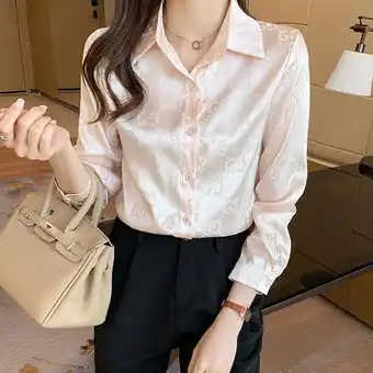 Aliexpress Camicia a maniche lunghe rosa albicocca con risvolto classico camicia da donna in tessuto setoso con stampa lucida camicia el offerta