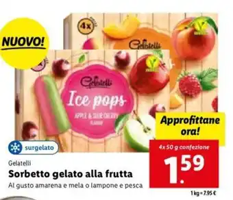 Lidl Gelatelli Sorbetto gelato alla frutta 4x 50 g offerta