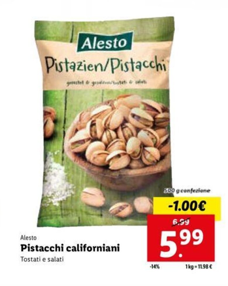 Alesto Pistacchi californiani Tostati e salati 500 g offerta di Lidl
