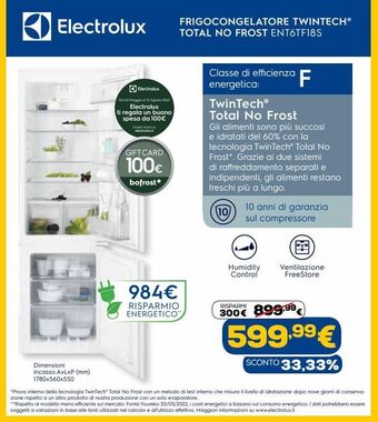Euronics Electrolux frigocongelatore twintech total no frost ent6tf18s offerta