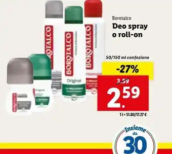 Lidl Borotalco deo spray o roll on 50/8150 ml offerta