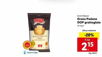 Lidl Grana padano dop grattugiato antichi maestri 14 mesi 200g offerta