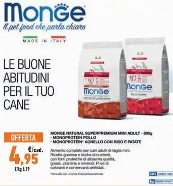 Monge Natural Superpremium Mini Adult 800 g, Monoprotein Pollo/Monoprotein Agnello con Riso E Patate