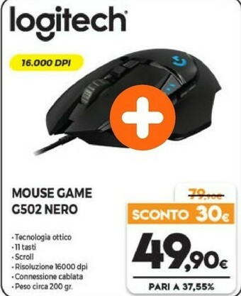 Expert Logitech G502 Mouse RF Wireless Ottico 16000 DPI Mano Destra offerta