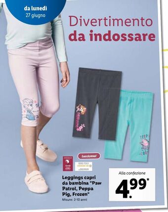 Leggings capri da bambina paw patrol, peppa pig, frozen