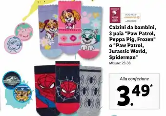 Lidl Calzini da bambini 3 paia paw patrol, peppa pig, frozen o paw patrol, jurassic world, spiderman offerta