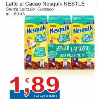 Sidis Nestlè Nesquik Latte al Cacao Senza Lattosio, Classico ml 180 x3 offerta