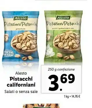 Lidl Alesto Pistacchi Californiani Salati O Senza Sale 250 G offerta