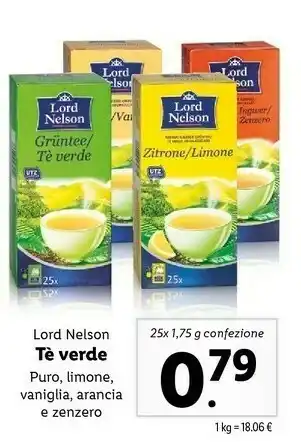 Lidl Nelson Tè Verde Puro Limone, Vaniglia, Arancia E Zenzero offerta