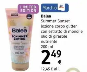 dm drogerie markt Balea Summer Sunset lozione corpo glitter con estratto di monoi e olio di girasole nutriente 200 ml offerta