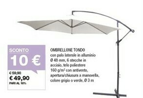 Iper La Grande Ombrellone Tondo Con Pala Laterale In Alluminio 48 Mm, 6 Stecche In Acciaio, Telo Poliestere 160 G/m2 Con Antivento, Apertura offerta